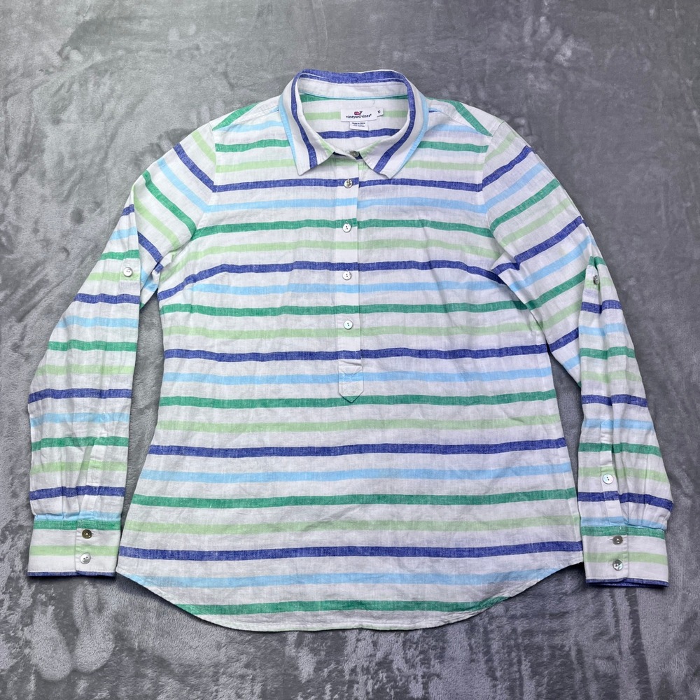 Vineyard Vines Women's Size 10 Striped Linen Blend Button Up Shirt Boho Preppy